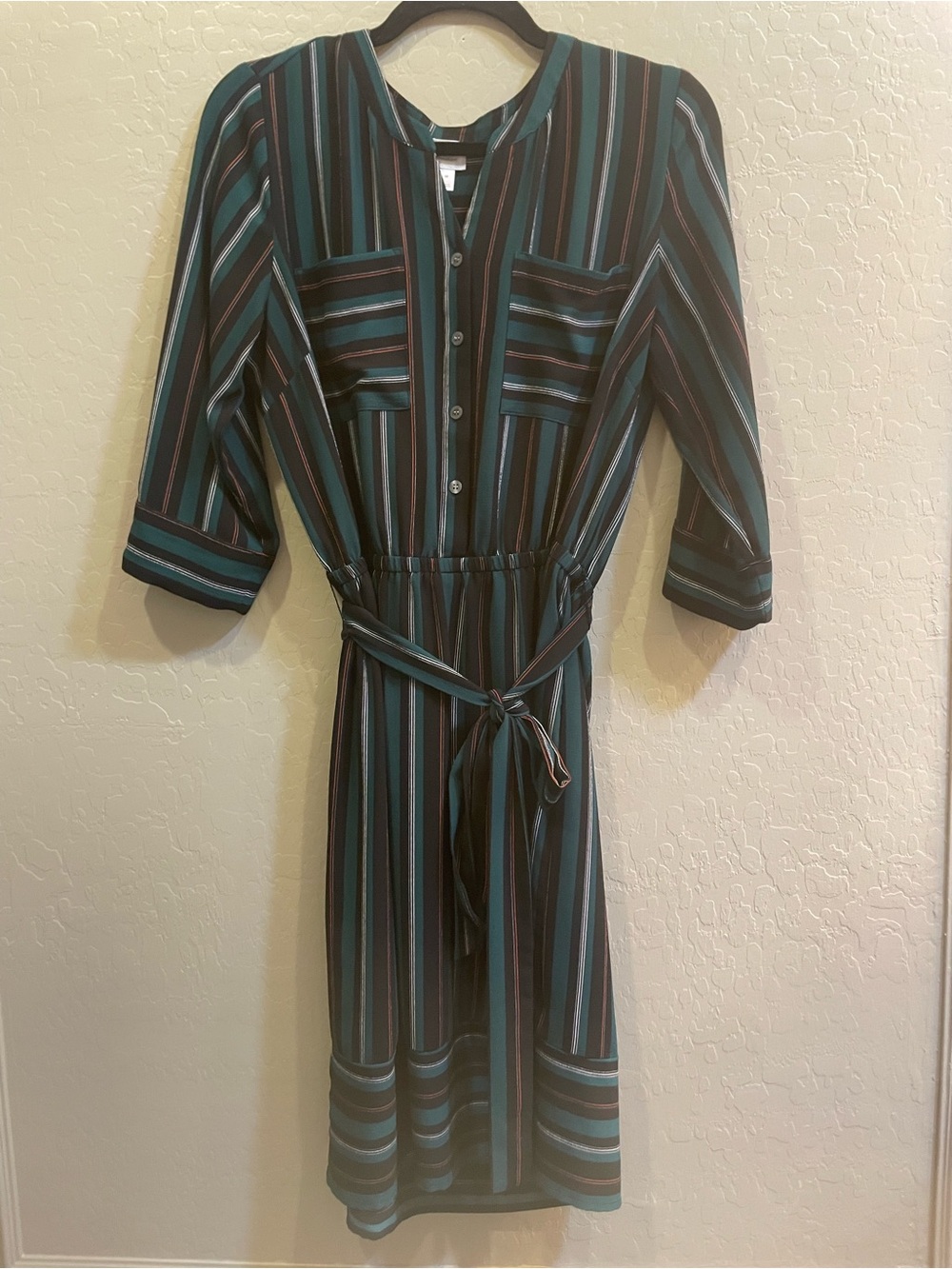 dressbarn Teal and Black Striped Midi Shirt Dress